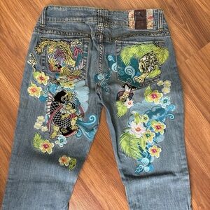 Blue Embroidered Boot-Cut Jeans with Tropical & Koi Motifs